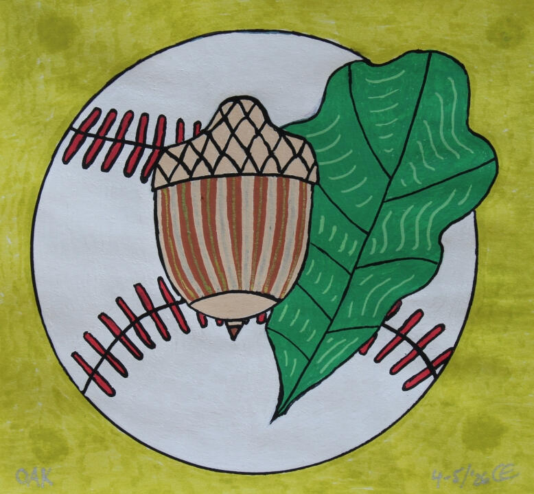 “OAK” (watercolor & marker, 2026) The Story: Donated to Only Athletes Know’s 2026 “Big Oak Home Run Derby.” This piece celebrates the enthusiasm, growth, and the spirit of a young athlete, helping raise funds to support youth sports programs and more.
